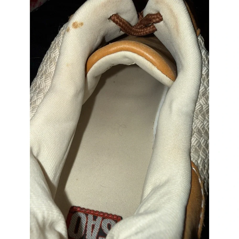 SAO Mens Size 12M Comfort Shoes Brown Beige Leather Sneakers Herringbone Pattern